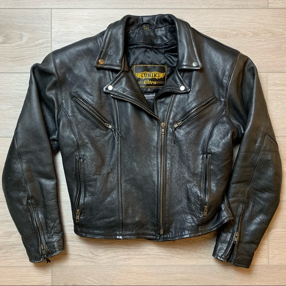 UNIK ULTRA LEATHER MOTORCYCLE JACKET SIZE S + THINSULATE LINING.